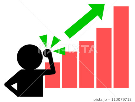 売上目標を達した棒グラフの前で満足げにガッツポーズをする人物イラスト 113079712