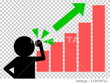 売上目標を達した棒グラフの前で満足げにガッツポーズをする人物イラスト 113079712