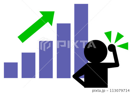 売上目標を達した棒グラフの前で満足げにガッツポーズをする人物イラスト 113079714