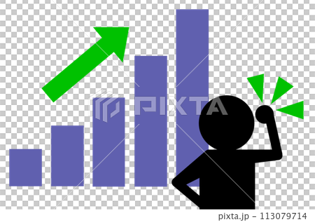売上目標を達した棒グラフの前で満足げにガッツポーズをする人物イラスト 113079714