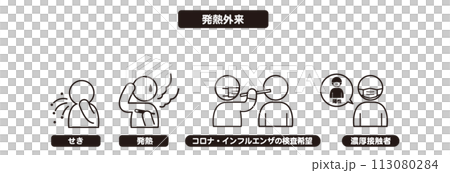 ピクトグラムアイコン　日本語/発熱外来の症状4セット（咳、発熱、コロナやインフルの検査、濃厚接触者） 113080284