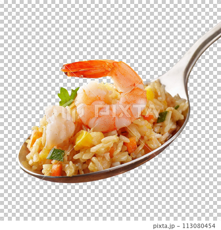 Shrimp pilaf on a spoon 113080454