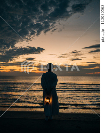 夕暮れの海を眺める女性 113080562