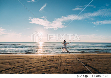 海に沈む太陽と女性のシルエット 113080578