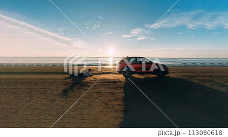 砂浜と赤い車とカップル 砂浜と赤い車とカップル 113080618