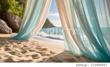 夏のビーチと美しいカーテンの背景素材（AI生成素材） 113080957