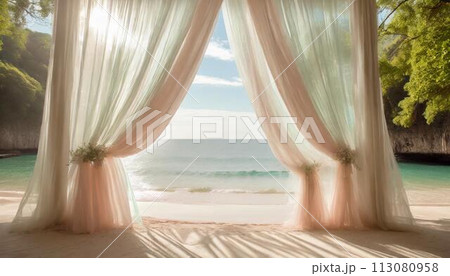 夏のビーチと美しいカーテンの背景素材（AI生成素材） 113080958