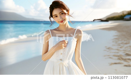 海辺に立つ白いドレスを着た笑顔の女性 113081077
