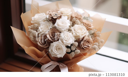 Bouquet of roses in gift craft wrapping. Wedding or birthday concept Bouquet of roses in gift craft wrapping. Wedding or birthday concept 113081310