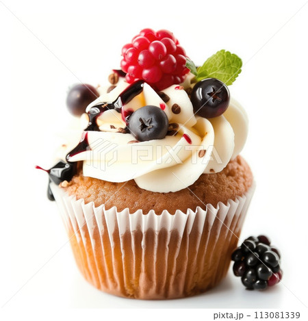 Birthday cupcake with butter cream icing isolated on white background 113081339