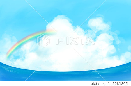 海上に沸き立つ入道雲と虹のリアルな水彩背景イラスト 海上に沸き立つ入道雲と虹のリアルな水彩背景イラスト 113081865