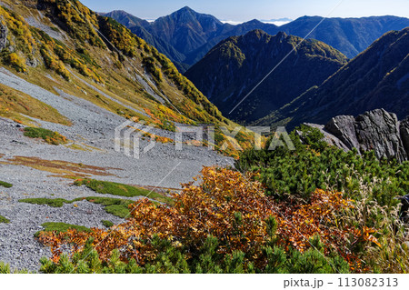 北アルプス・涸沢カールの紅葉と常念岳の眺め 113082313