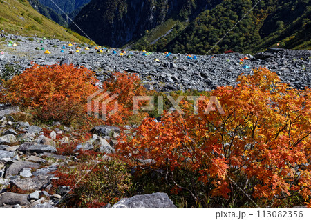 紅葉の涸沢カールのキャンプ場と涸沢ヒュッテ 113082356