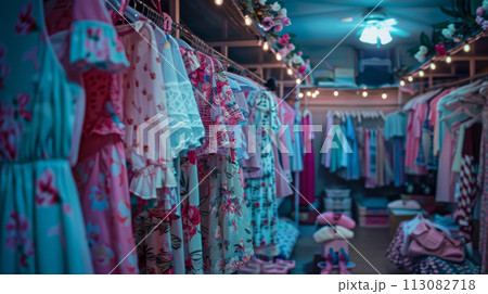 Colorful Vintage Assortment of Dresses in a Trendy  Second Hand Asian Fashion Boutique 113082718