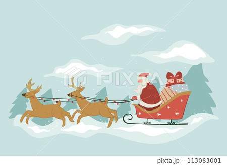 Santa Claus riding sleigh with reindeers and gifts 113083001