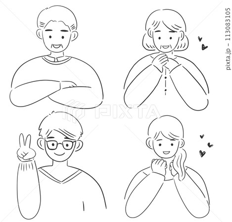笑顔で喜んでいる男女、カップル、夫婦、シンプルな線画の手描きイラストセット 113083105