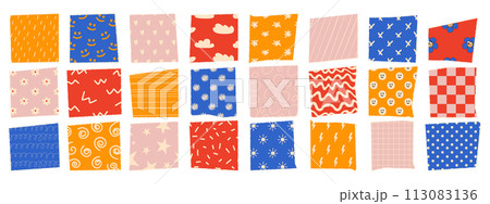 Jagged rectangle with funny pattern. Torn paper items for collage, design templates, banner, and sticker. Vector illustration Jagged rectangle with funny pattern. Torn paper items for collage, design templates, banner, and sticker. Vector illustration 113083136
