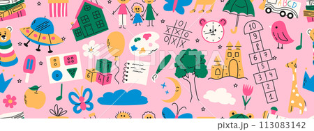 Colorful seamless pattern with daycare doodle. Book, hopscotch, toys, flower, umbrella, house, clock and other elements. Colorful seamless pattern with daycare doodle. Book, hopscotch, toys, flower, umbrella, house, clock and other elements. 113083142