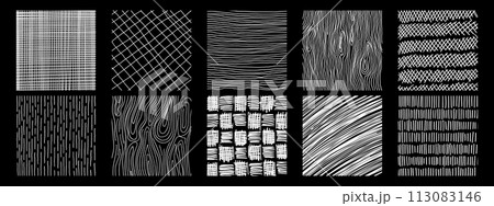 Patterns with hand drawn linear hatching and crosshatching textures. Vector scribble, horizontal and wave strokes collection 113083146