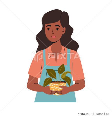 Happy woman in apron with flower pot in her hands. Urban gardening. Vector illustration. 113083148