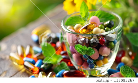 Assorted colorful pills and capsules in glass bowl on wooden table 113083267