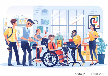Vector of Business professionals with disabilities working in office environments, talking with coworkers, meeting clients etc. Vector of Business professionals with disabilities working in office environments, talking with coworkers, meeting clients etc. 113083588