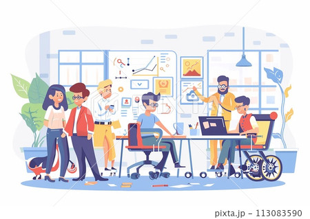 Vector of Business professionals with disabilities working in office environments, talking with coworkers, meeting clients etc. Vector of Business professionals with disabilities working in office environments, talking with coworkers, meeting clients etc. 113083590