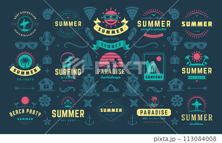 Summer holiday labels and badges design set retro typography for posters and t-shirts 113084008
