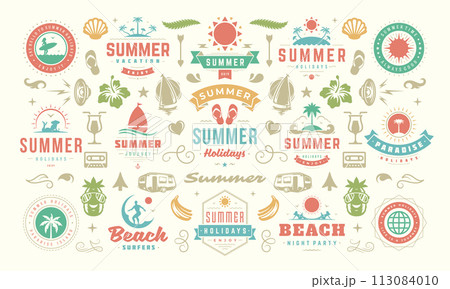 Summer holiday labels and badges design set retro typography for posters and t-shirts 113084010