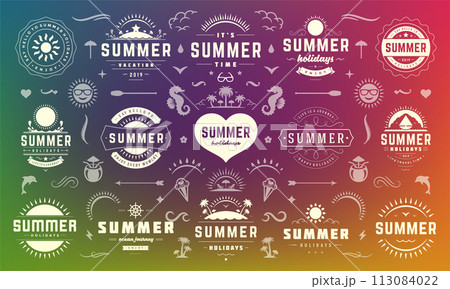 Summer holiday labels and badges design set retro typography for posters and t-shirts. Summer holiday labels and badges design set retro typography for posters and t-shirts. 113084022