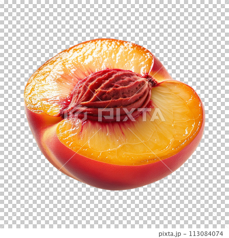 Half a peach fruit with pit 113084074