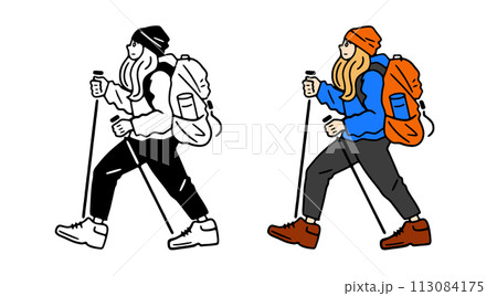 トレッキングをする女性のベクターイラスト、モノクロとカラー 113084175