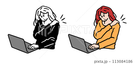 オフィスワーク、肩こりに悩む女性のイラスト オフィスワーク、肩こりに悩む女性のイラスト 113084186