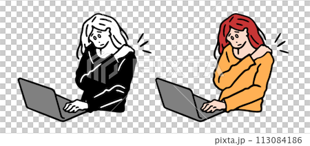 オフィスワーク、肩こりに悩む女性のイラスト オフィスワーク、肩こりに悩む女性のイラスト 113084186