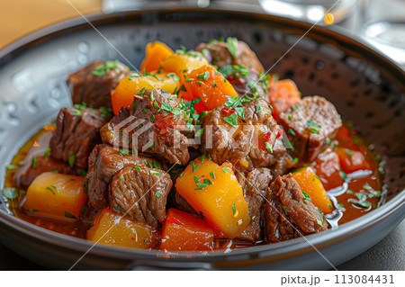 Meat stew plate light orange sauce 113084431