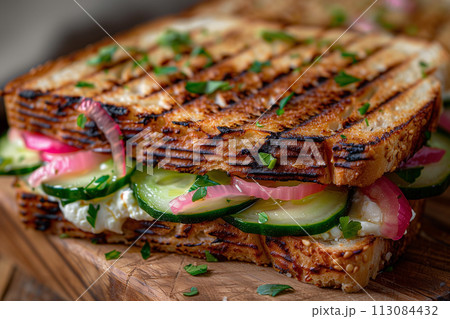 Grilled sandwiches with cucumbers- creamed goat cheese and pickled onions 113084432