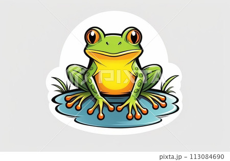 Illustrated green frog with a joyful expression, seated on a lily pad 113084690
