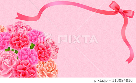 カーネーションと薔薇とリボンのフレーム背景　16:9 113084810
