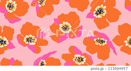 Exotic hand drawn flowers, seamless patterns with floral for fabric, textiles, clothing, wrapping paper, cover, banner, home decor, abstract backgrounds. vector illustration. 113084957