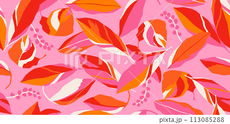 Exotic hand drawn flowers, seamless patterns with floral for fabric, textiles, clothing, wrapping paper, cover, banner, home decor, abstract backgrounds. Vector illustration. 113085288