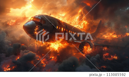 crashed plane on fire plane crash 113085592