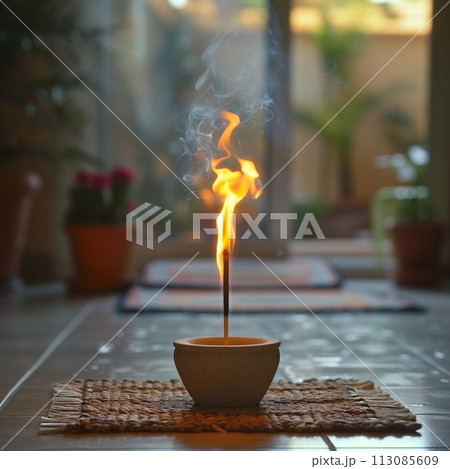 lit incense stick relaxed atmosphere 113085609