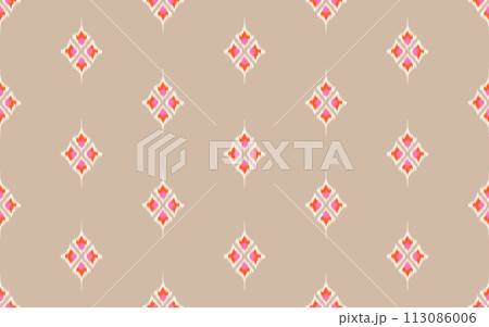 Ethnic abstract ikat art. Seamless pattern in tribal, folk embroidery, and Mexican style. Aztec geometric art ornament print. Design for carpet, wallpaper, clothing, wrapping, fabric, cover, textile. Ethnic abstract ikat art. Seamless pattern in tribal, folk embroidery, and Mexican style. Aztec geometric art ornament print. Design for carpet, wallpaper, clothing, wrapping, fabric, cover, textile. 113086006