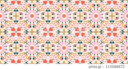 Ethnic abstract tile art. Seamless pattern in tribal, folk embroidery, and Mexican style. Aztec geometric art ornament print. Design for carpet, wallpaper, clothing, wrapping, fabric, cover, textile. 113086672