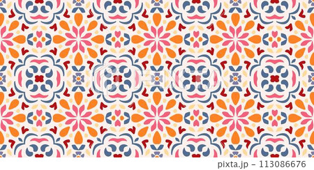 Ethnic abstract tile art. Seamless pattern in tribal, folk embroidery, and Mexican style. Aztec geometric art ornament print. Design for carpet, wallpaper, clothing, wrapping, fabric, cover, textile. 113086676