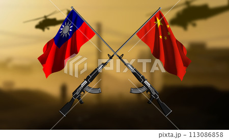 China versus Taiwan, two crossed rifles with the flags of the two countries, against a blurred background of a war zone 113086858