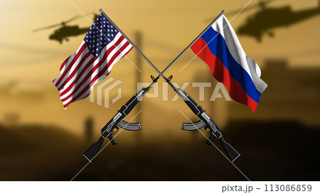 Russia versus USA, two crossed rifles with the flags of the two countries, against a blurred background of a war zone 113086859
