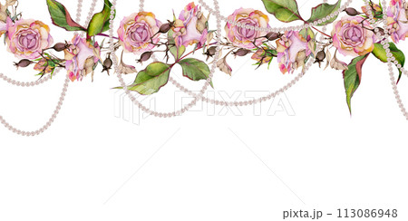 Hand drawn watercolor illustration shabby boho botanical flowers leaves. Rose hip pearl beads autumn branches lunaria pink pastel. Seamless banner isolated white background. Design wedding floral shop Hand drawn watercolor illustration shabby boho botanical flowers leaves. Rose hip pearl beads autumn branches lunaria pink pastel. Seamless banner isolated white background. Design wedding floral shop 113086948