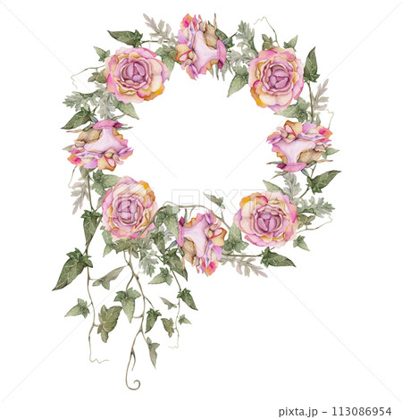 Hand drawn watercolor illustration shabby boho botanical flowers leaves. Dusty pink tea rose buds, ivy tendrils, silver cineraria. Wreath frame isolated on white background. Design wedding, love cards 113086954