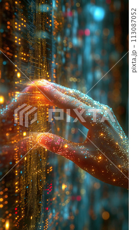 Networking connect technology abstract concept. Hand of touching futuristic network connection, internet, innovation, and technology. Networking connect technology abstract concept. Hand of touching futuristic network connection, internet, innovation, and technology. 113087052